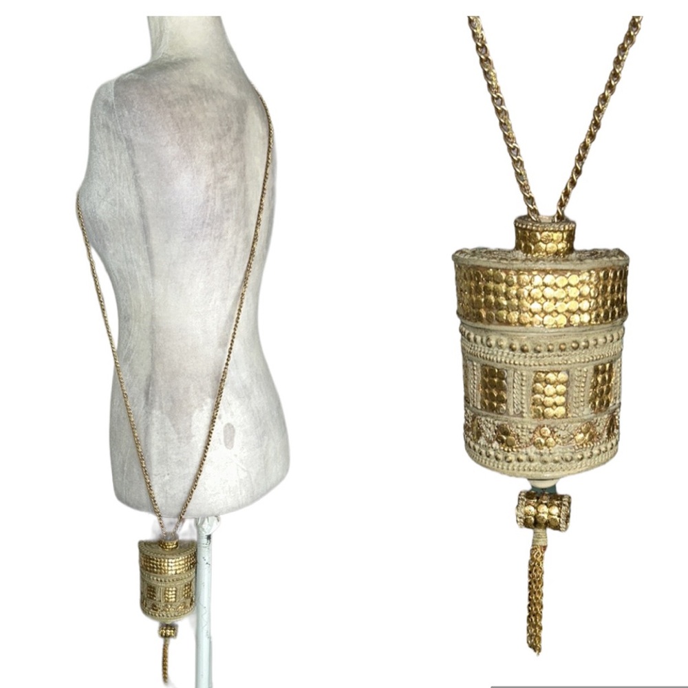 Vintage Handmade Ivory Metallic Gold Wood Curved Box Chain Tassel Crossbody